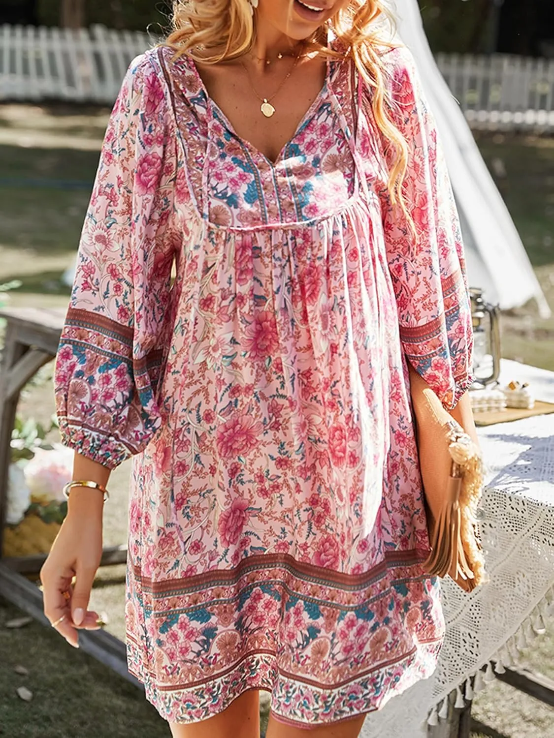 Women Casual Spring Summer Dresses V Neck 3/4 Long Sleeve Ruffle Floral Flowy Boho Babydoll Mini Short Beach Dress