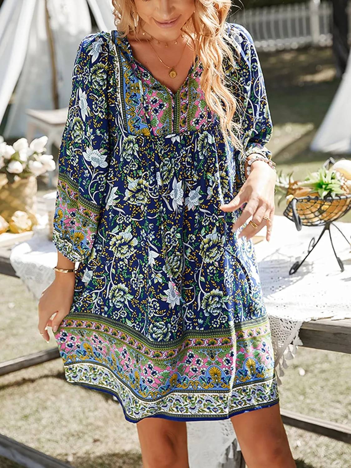 Women Casual Spring Summer Dresses V Neck 3/4 Long Sleeve Ruffle Floral Flowy Boho Babydoll Mini Short Beach Dress