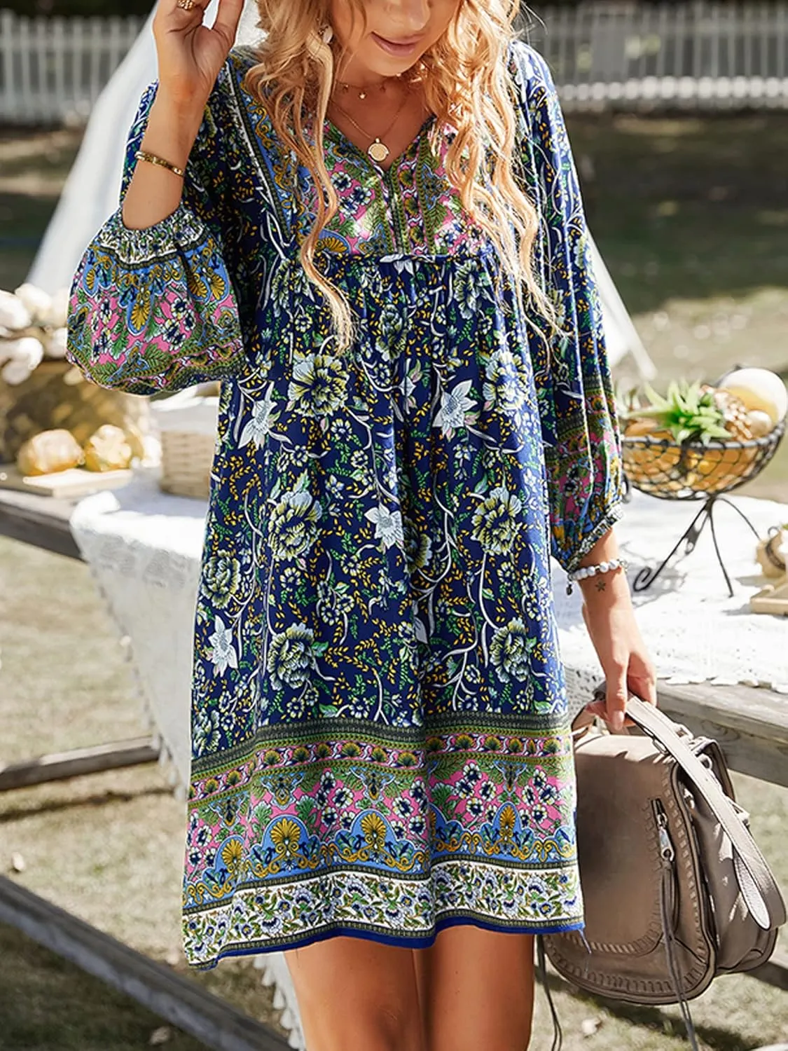 Women Casual Spring Summer Dresses V Neck 3/4 Long Sleeve Ruffle Floral Flowy Boho Babydoll Mini Short Beach Dress