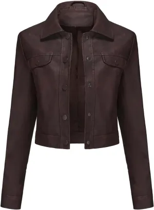 Women Faux Leather Blazer Jackets for Spring and Fall Fashion, Vegan Leather Button Down Coats, Moto Biker Jacket