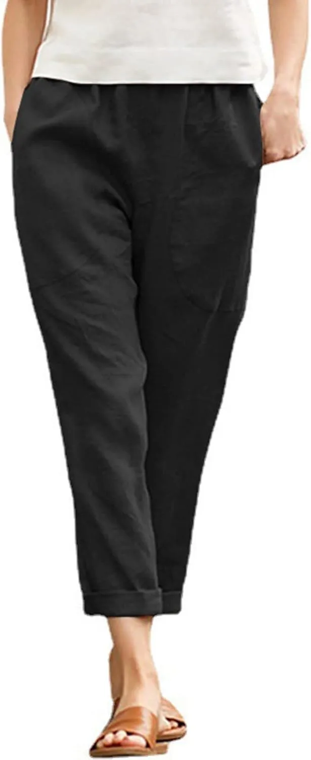 Women Linen Summer Pull On Pants Elastic Waist Stretchy Slim Fit Trouser Office