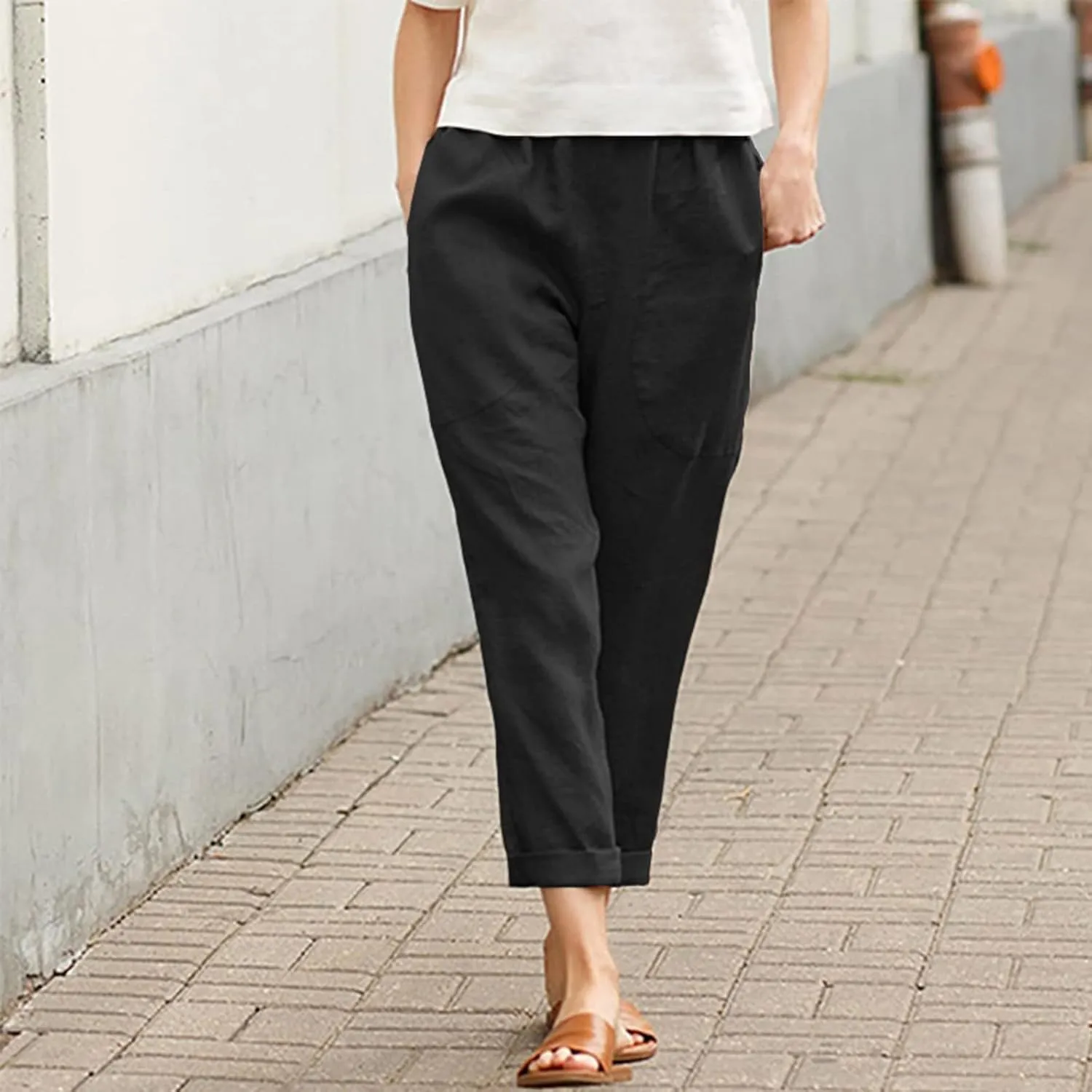 Women Linen Summer Pull On Pants Elastic Waist Stretchy Slim Fit Trouser Office