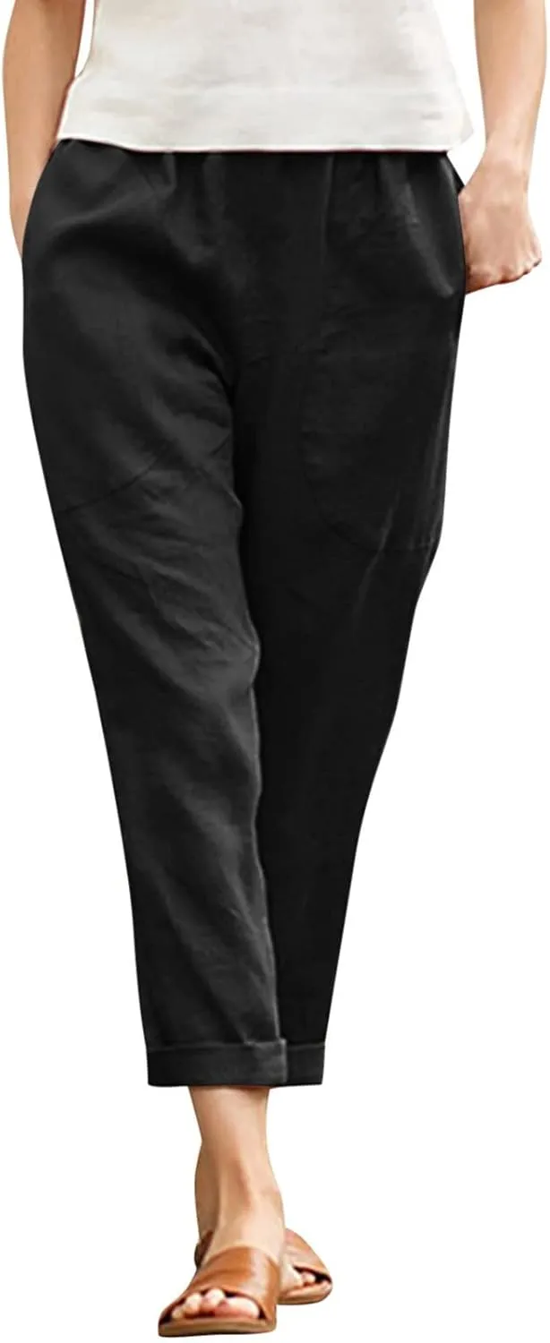 Women Linen Summer Pull On Pants Elastic Waist Stretchy Slim Fit Trouser Office