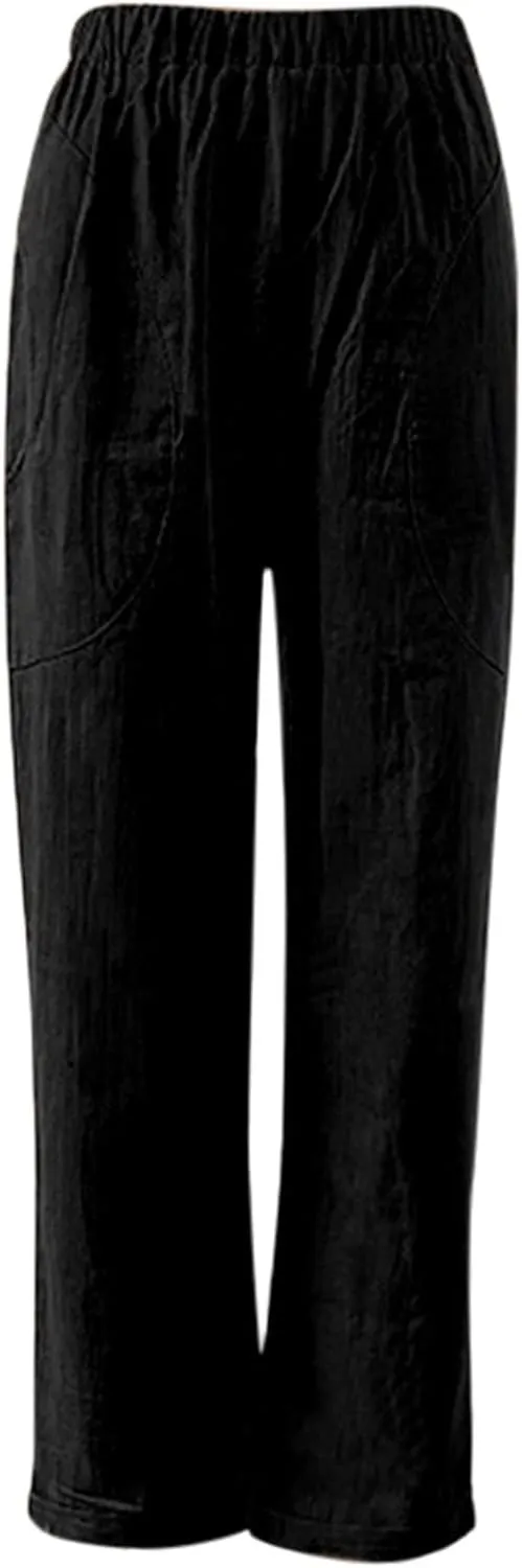 Women Linen Summer Pull On Pants Elastic Waist Stretchy Slim Fit Trouser Office