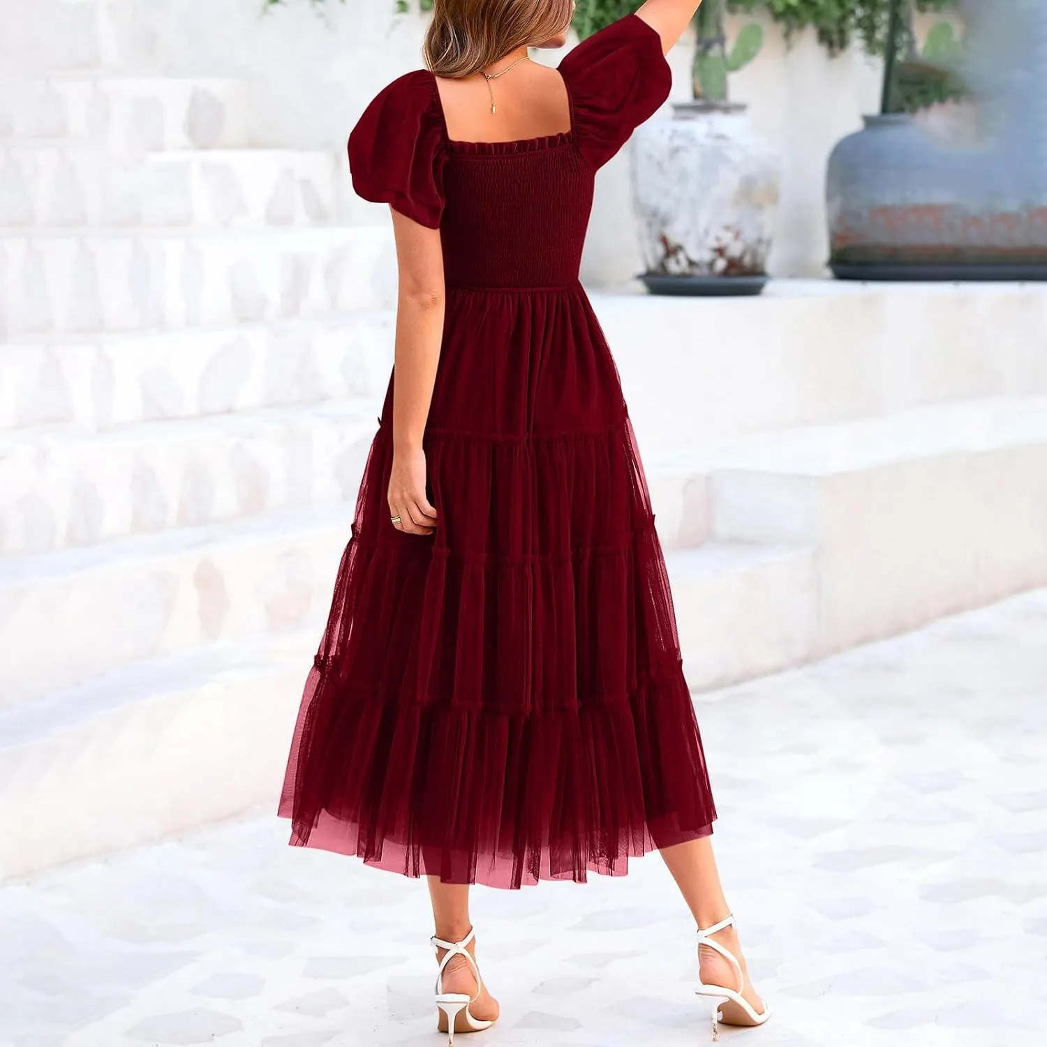 Women Puff Sleeve Boho Dresses High Waist Layered Ruffle Maxi Dress Summer Smocked Sundress Resort Wear 2025