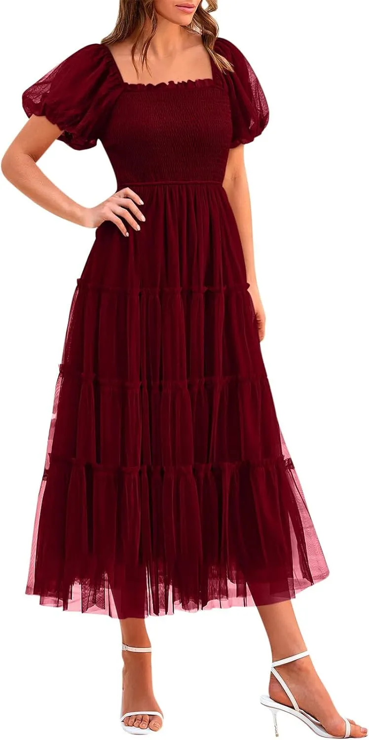 Women Puff Sleeve Boho Dresses High Waist Layered Ruffle Maxi Dress Summer Smocked Sundress Resort Wear 2025
