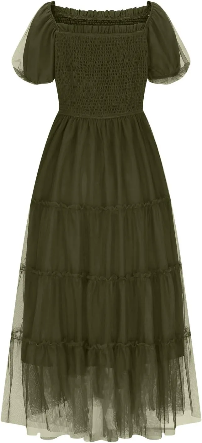 Women Puff Sleeve Boho Dresses High Waist Layered Ruffle Maxi Dress Summer Smocked Sundress Resort Wear 2025