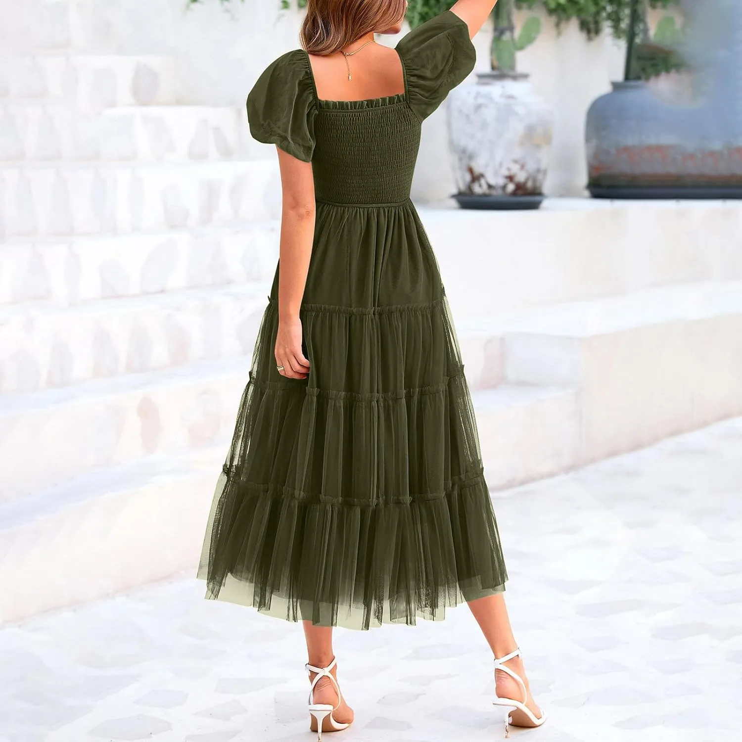Women Puff Sleeve Boho Dresses High Waist Layered Ruffle Maxi Dress Summer Smocked Sundress Resort Wear 2025