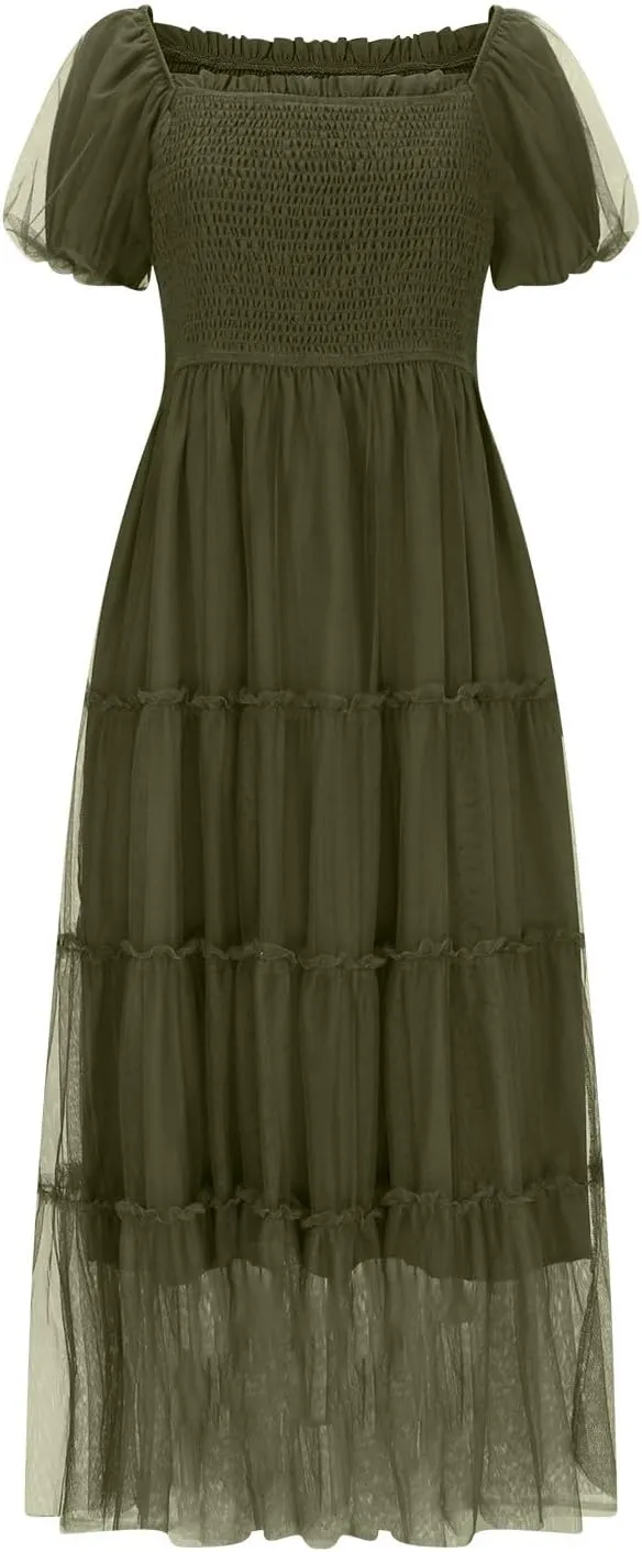 Women Puff Sleeve Boho Dresses High Waist Layered Ruffle Maxi Dress Summer Smocked Sundress Resort Wear 2025