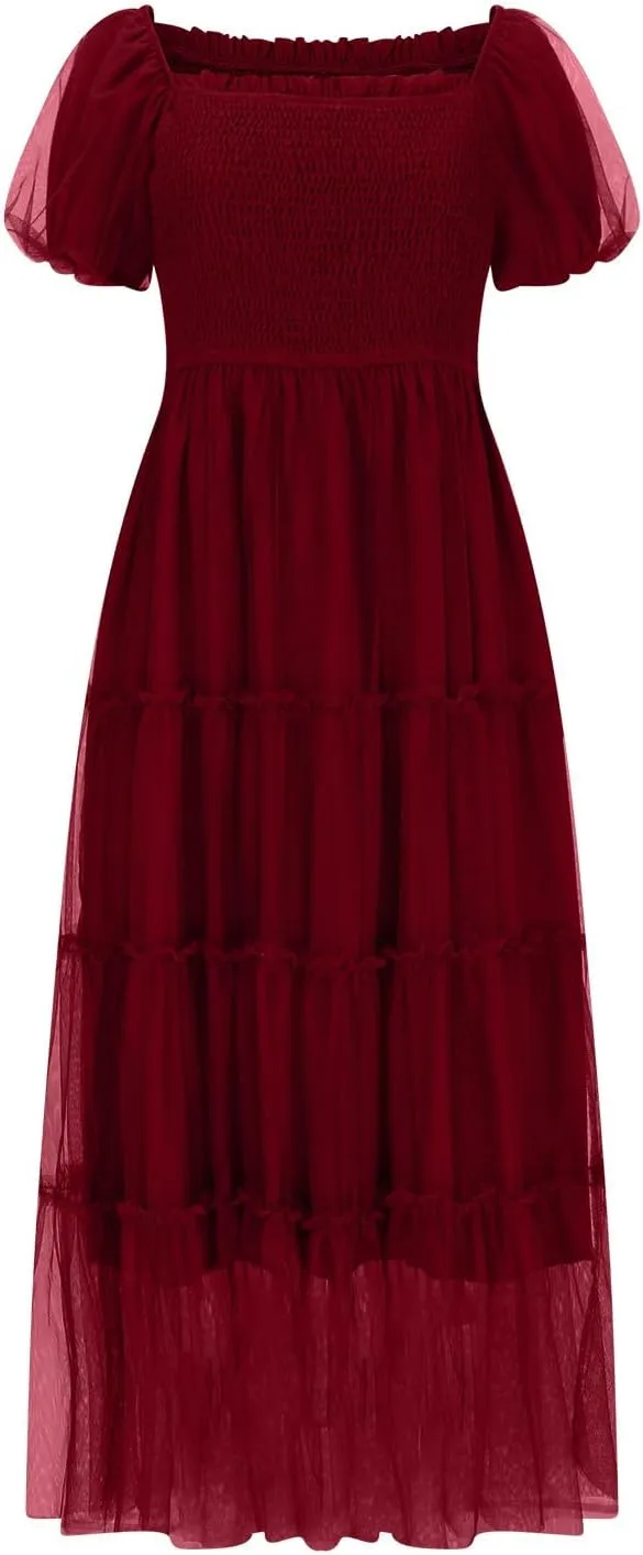 Women Puff Sleeve Boho Dresses High Waist Layered Ruffle Maxi Dress Summer Smocked Sundress Resort Wear 2025