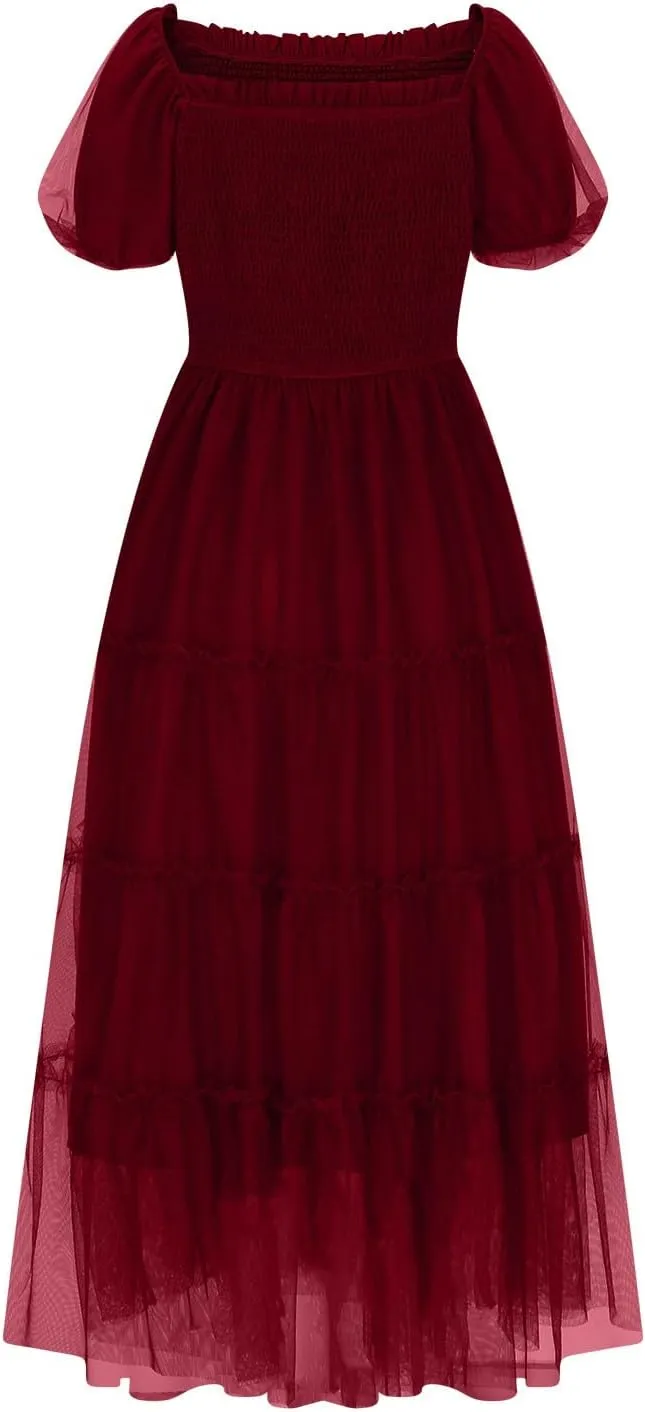 Women Puff Sleeve Boho Dresses High Waist Layered Ruffle Maxi Dress Summer Smocked Sundress Resort Wear 2025