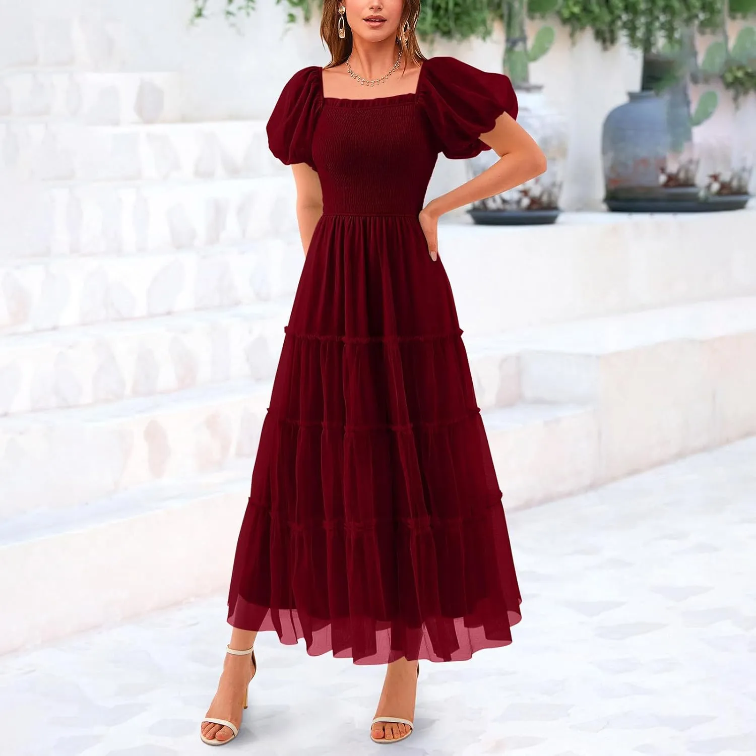 Women Puff Sleeve Boho Dresses High Waist Layered Ruffle Maxi Dress Summer Smocked Sundress Resort Wear 2025