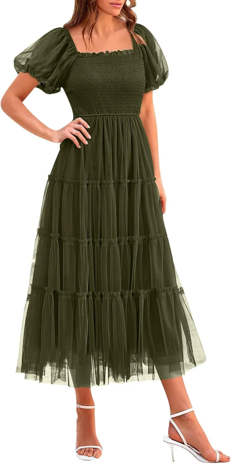 Women Puff Sleeve Boho Dresses High Waist Layered Ruffle Maxi Dress Summer Smocked Sundress Resort Wear 2025