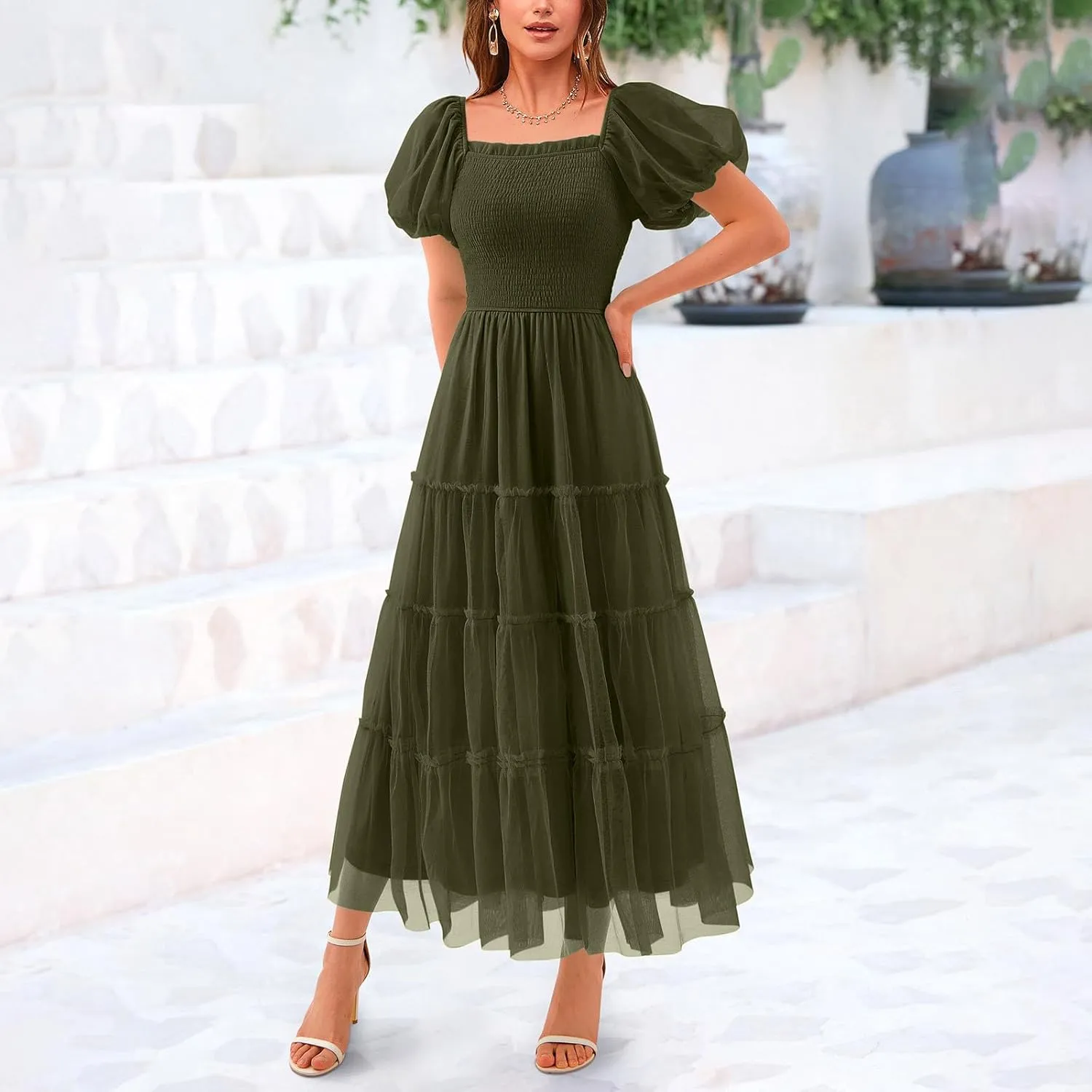 Women Puff Sleeve Boho Dresses High Waist Layered Ruffle Maxi Dress Summer Smocked Sundress Resort Wear 2025