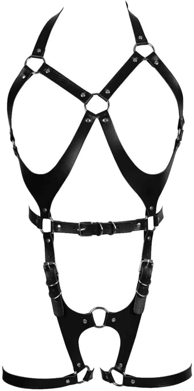 Women Punk PU Leather Body Waist Belt Adjustable Gothic Harness Belts Sexy Lingerie(Black)