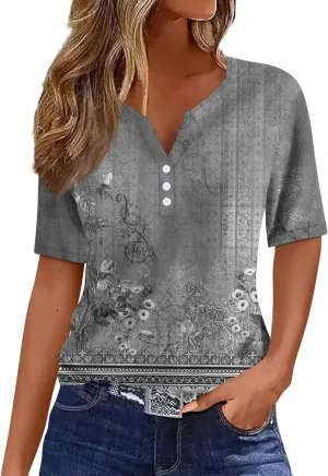 Women Short Sleeve Tops 2024 Summer Casual Pullover Fashion Blouse Tees Button V Neck Printed T Shirt Plus Size