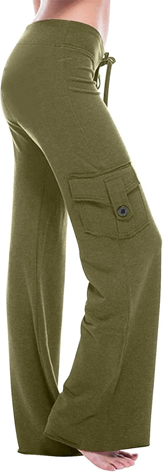 Women Workout Out Leggings Pants Solid Stretch Waist Button Pockets Yoga Gym Pants Elastic Waist Running Trousers