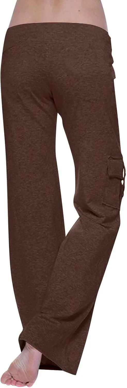 Women Workout Out Leggings Pants Solid Stretch Waist Button Pockets Yoga Gym Pants Elastic Waist Running Trousers