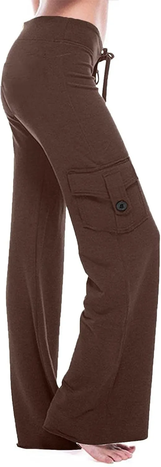 Women Workout Out Leggings Pants Solid Stretch Waist Button Pockets Yoga Gym Pants Elastic Waist Running Trousers