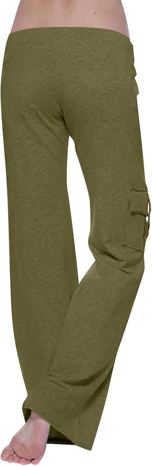 Women Workout Out Leggings Pants Solid Stretch Waist Button Pockets Yoga Gym Pants Elastic Waist Running Trousers