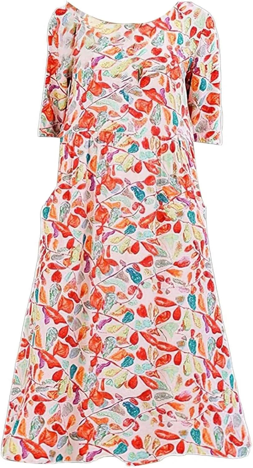 Women's Boho Dress Floral Flowy A Line Swing Casual Long Dress 3/4 Puff Sleeve Midi Loose Summer Beach Dresses with Pockets