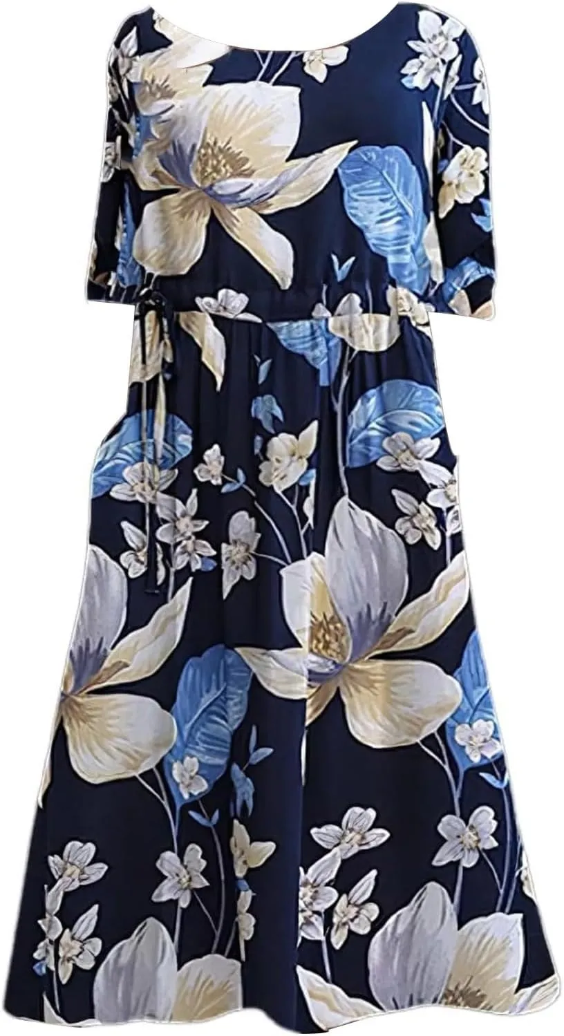 Women's Boho Dress Floral Flowy A Line Swing Casual Long Dress 3/4 Puff Sleeve Midi Loose Summer Beach Dresses with Pockets