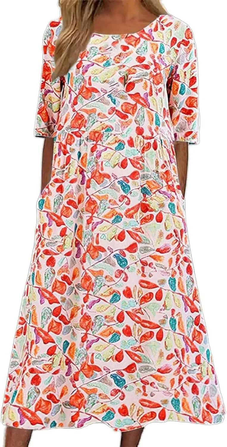 Women's Boho Dress Floral Flowy A Line Swing Casual Long Dress 3/4 Puff Sleeve Midi Loose Summer Beach Dresses with Pockets