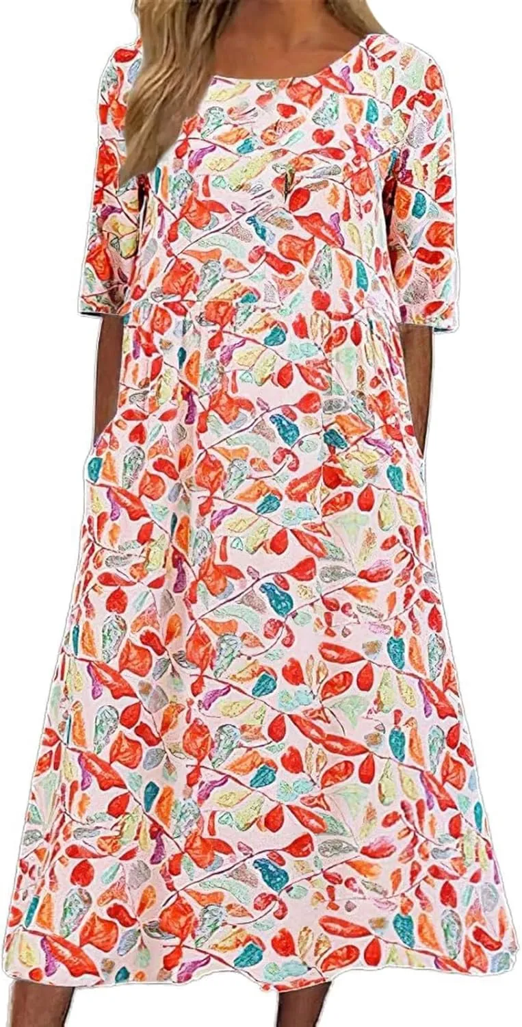 Women's Boho Dress Floral Flowy A Line Swing Casual Long Dress 3/4 Puff Sleeve Midi Loose Summer Beach Dresses with Pockets