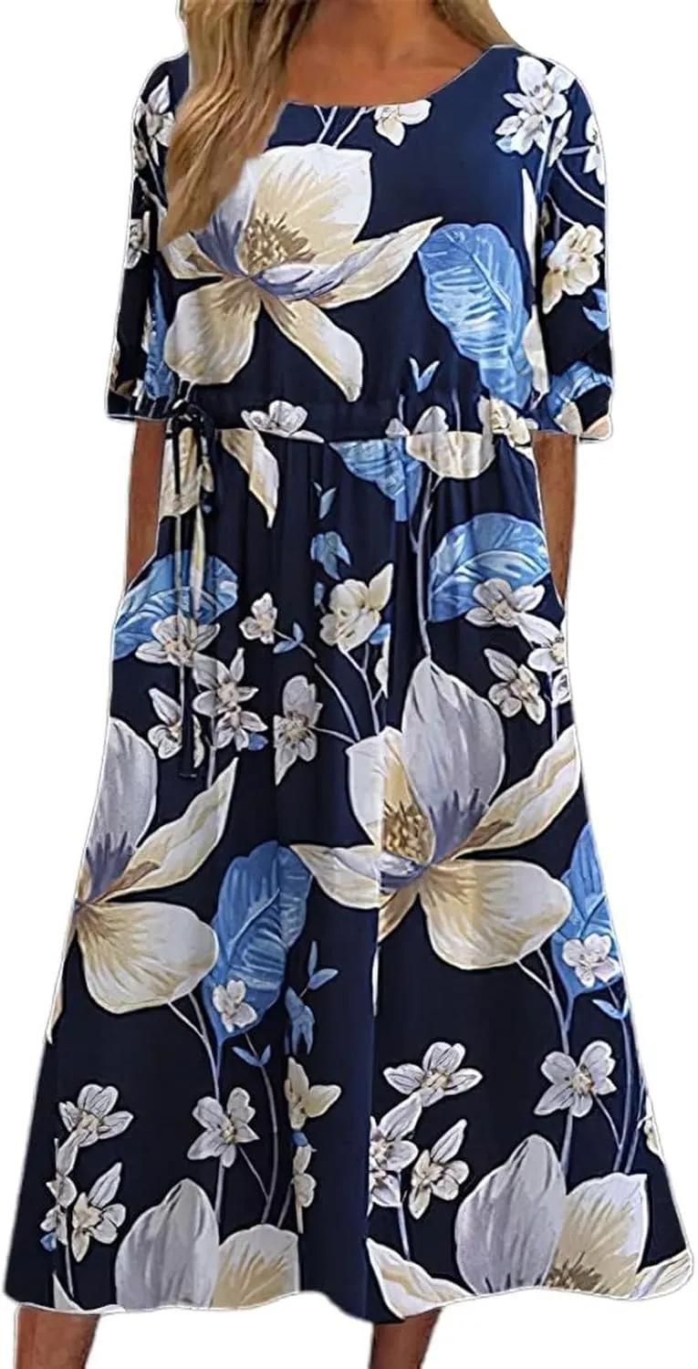 Women's Boho Dress Floral Flowy A Line Swing Casual Long Dress 3/4 Puff Sleeve Midi Loose Summer Beach Dresses with Pockets