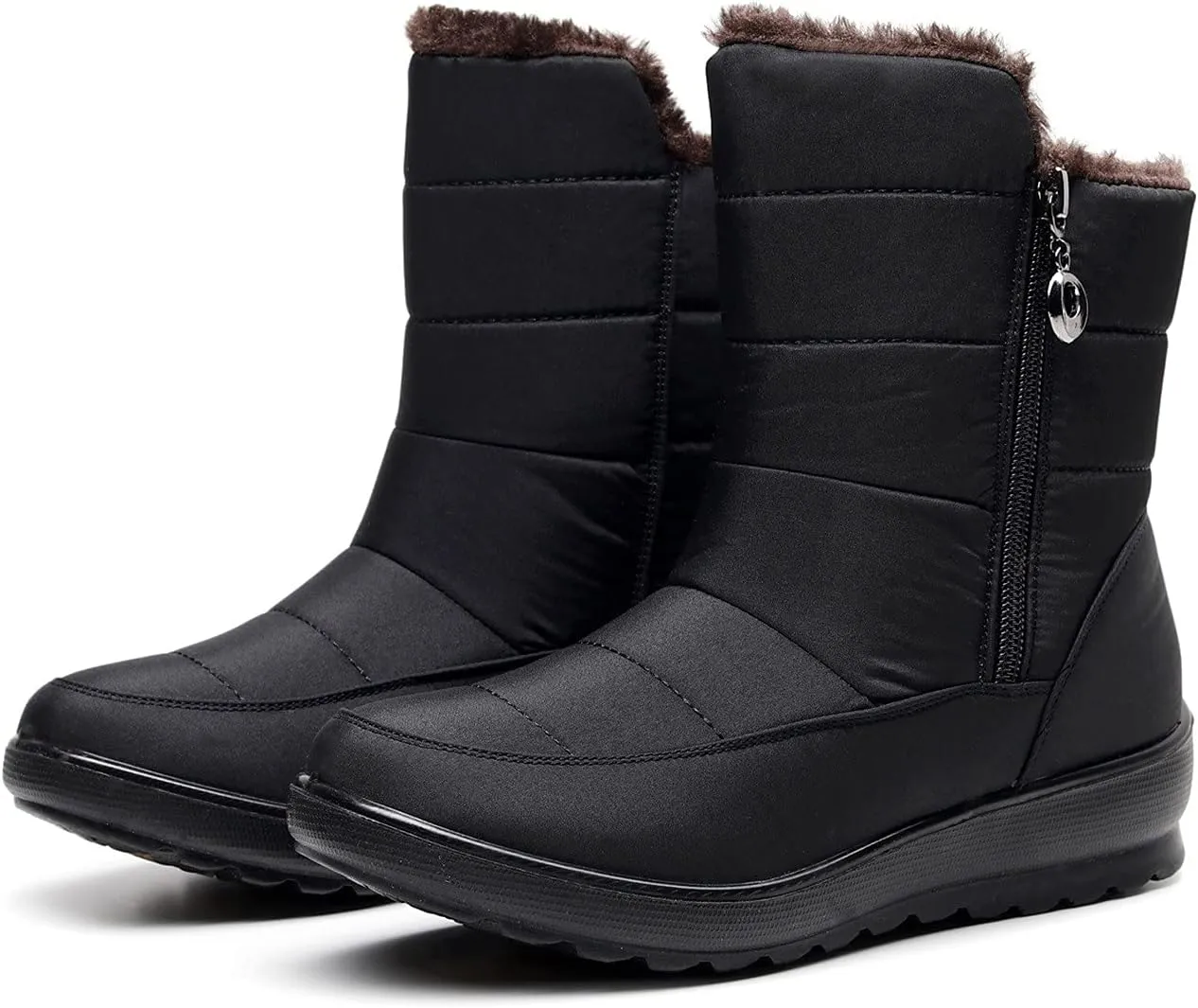 Women's Classic Faux Fur Slip on Winter Ankle Snow Boots Womens Winter Boots Size 12 Fur Lined Mid Calf Winter Boots Women Winter Dress Boots for Women Low Heel Tall Wedge Heel Winter Boots for Women