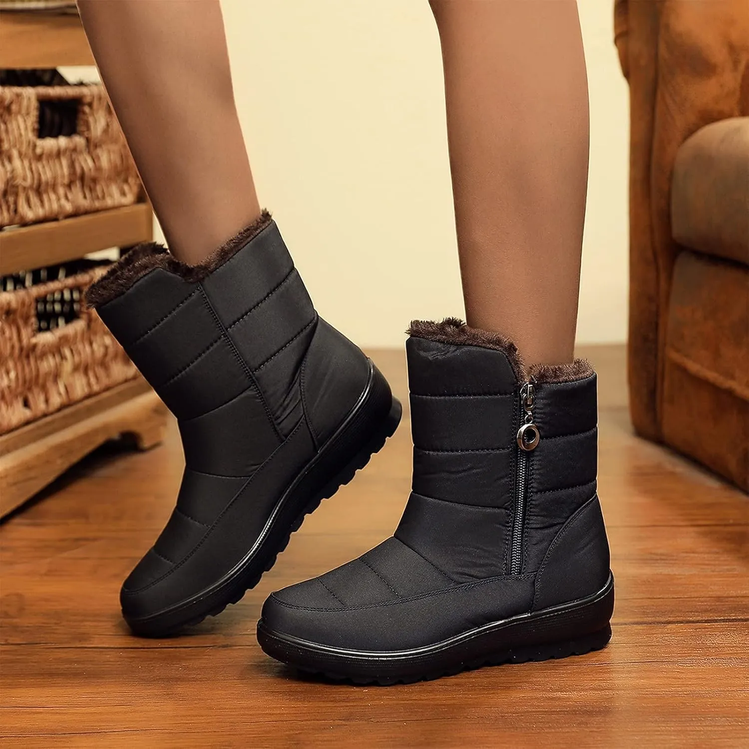 Women's Classic Faux Fur Slip on Winter Ankle Snow Boots Womens Winter Boots Size 12 Fur Lined Mid Calf Winter Boots Women Winter Dress Boots for Women Low Heel Tall Wedge Heel Winter Boots for Women