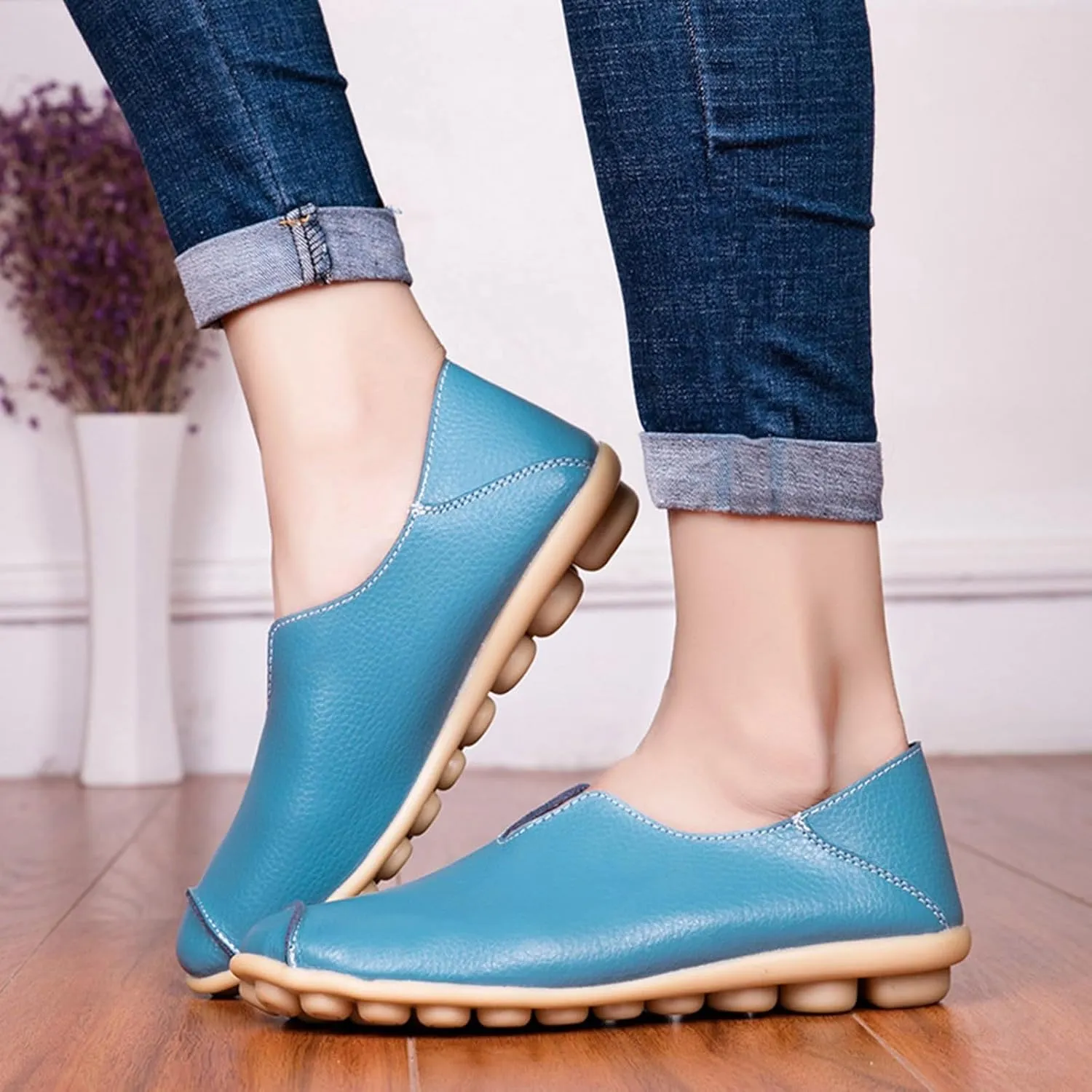 Women's Comfort Walking Boat Shoe Breathable Walking Office Flat Loafer Casual Leather Flats Slip On Driving Loafers Comfortable Orthopedic Shoes