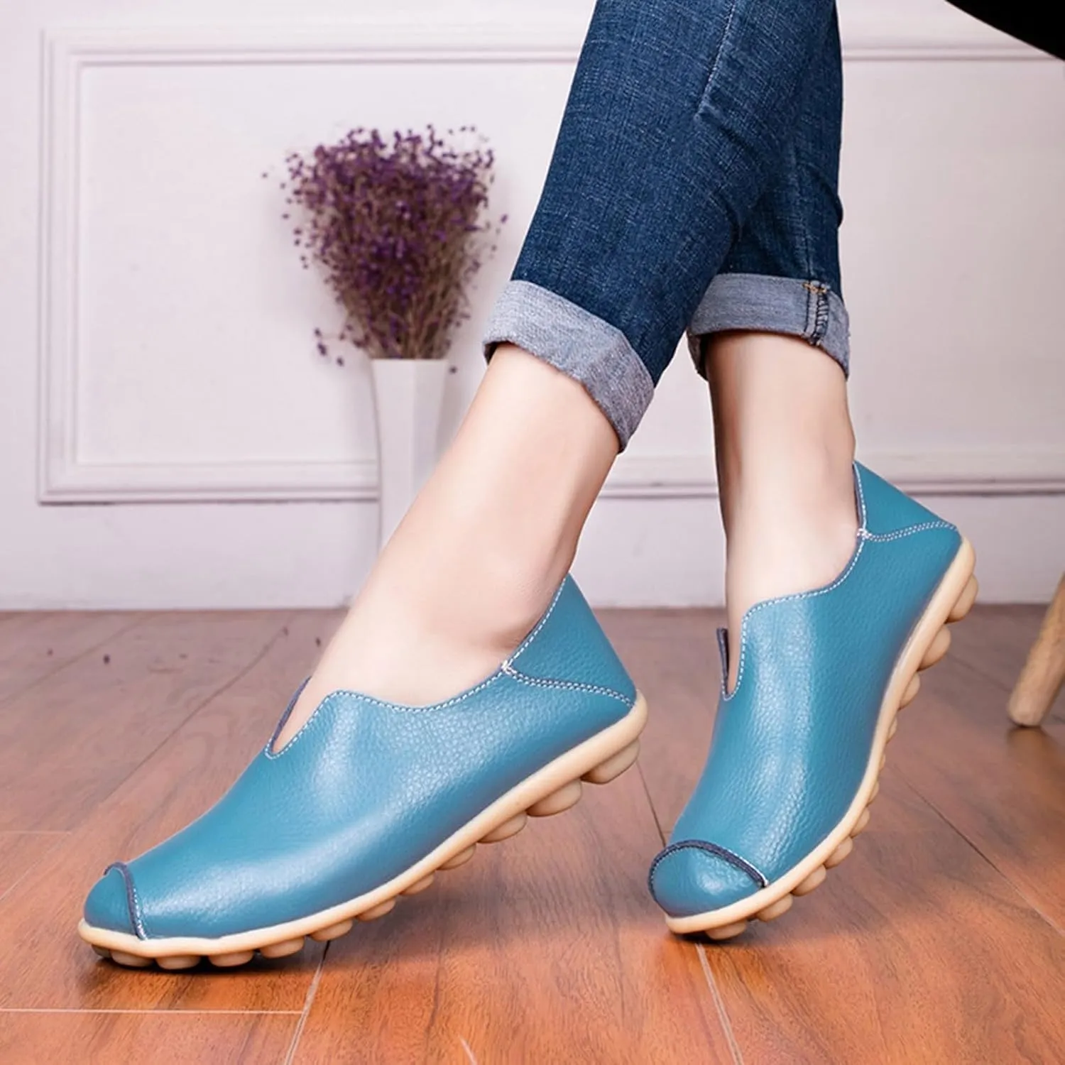 Women's Comfort Walking Boat Shoe Breathable Walking Office Flat Loafer Casual Leather Flats Slip On Driving Loafers Comfortable Orthopedic Shoes