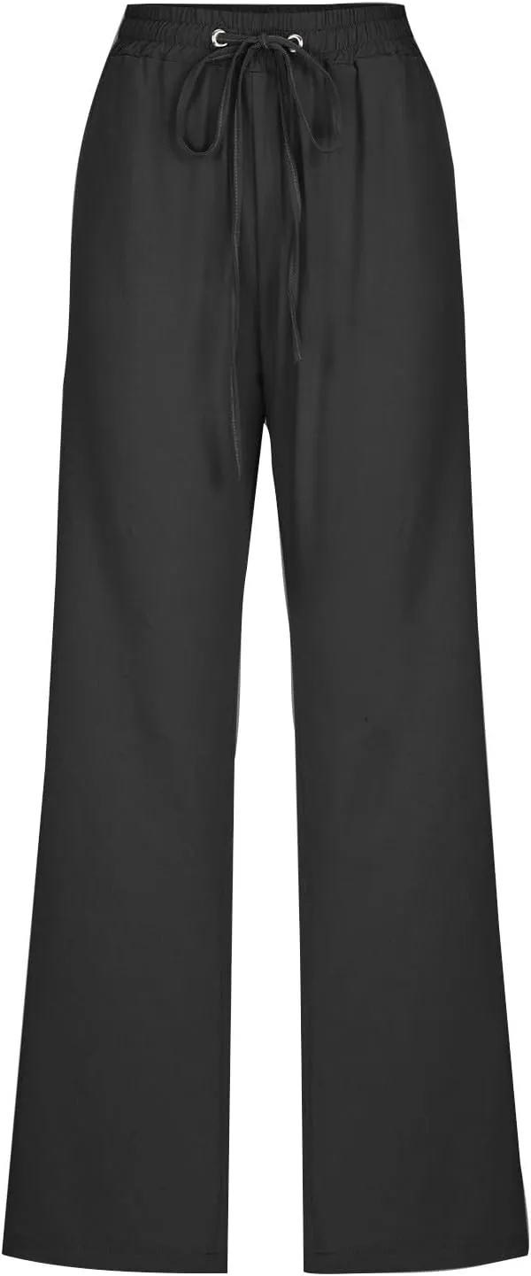 Womens Cotton Linen Pants Casual Lightweight Summer Elastic Waist Solid Lounge Twist Knot Beach Vacation Long Trouser