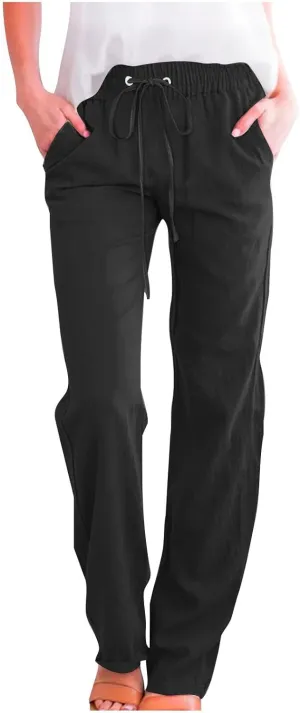 Womens Cotton Linen Pants Casual Lightweight Summer Elastic Waist Solid Lounge Twist Knot Beach Vacation Long Trouser
