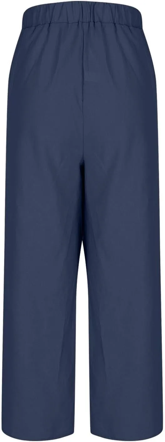 Womens Cotton Linen Wide Leg Palazzo Pants Elastic High Waist Summer Casual Flowy Beach Trousers Bottom with Pockets