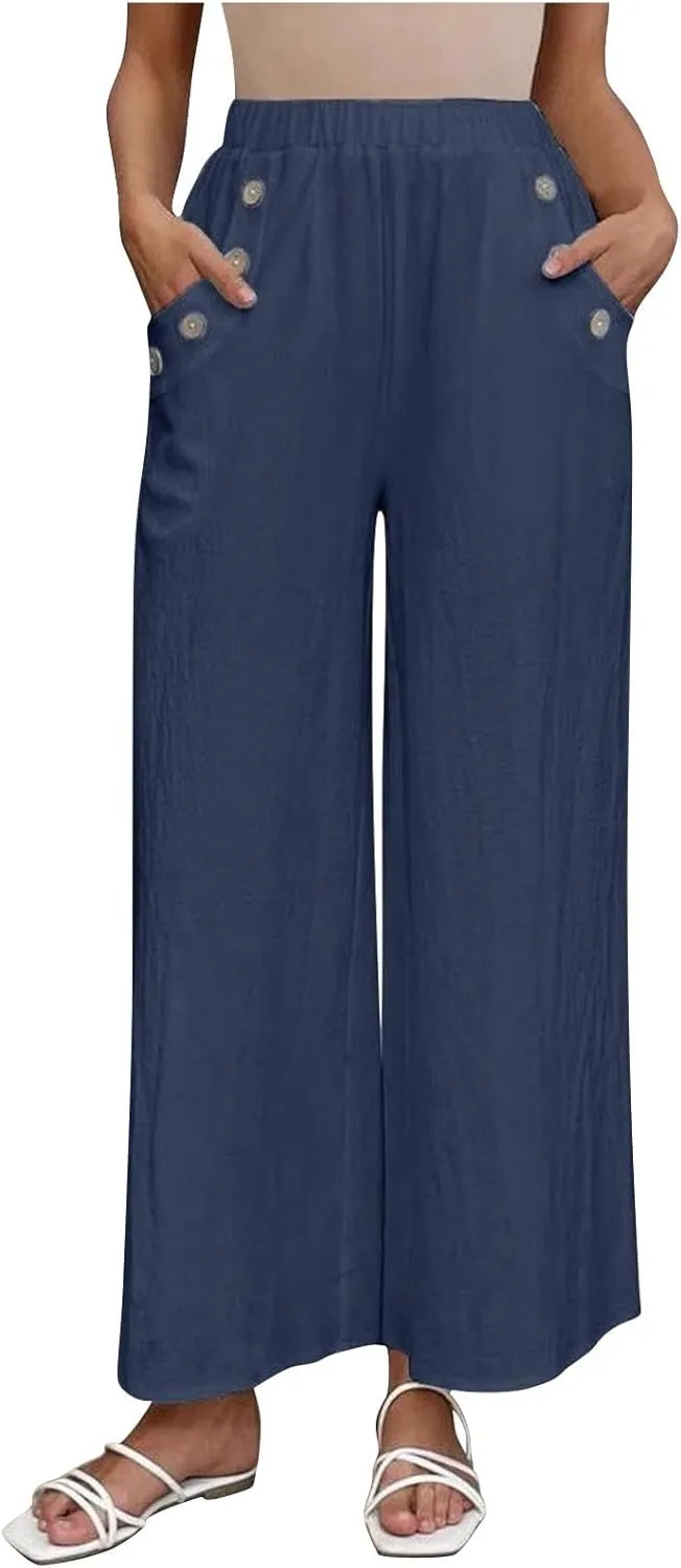 Womens Cotton Linen Wide Leg Palazzo Pants Elastic High Waist Summer Casual Flowy Beach Trousers Bottom with Pockets