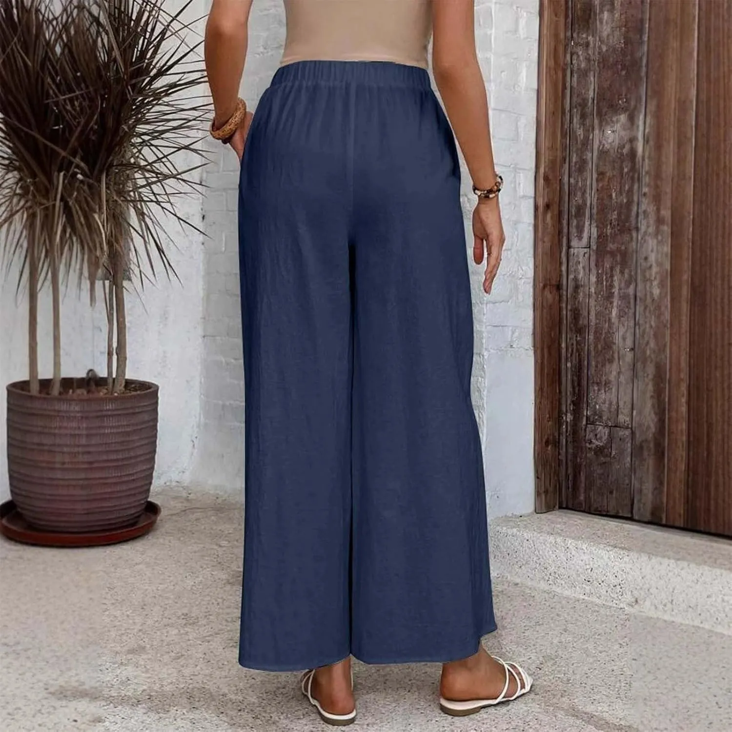 Womens Cotton Linen Wide Leg Palazzo Pants Elastic High Waist Summer Casual Flowy Beach Trousers Bottom with Pockets