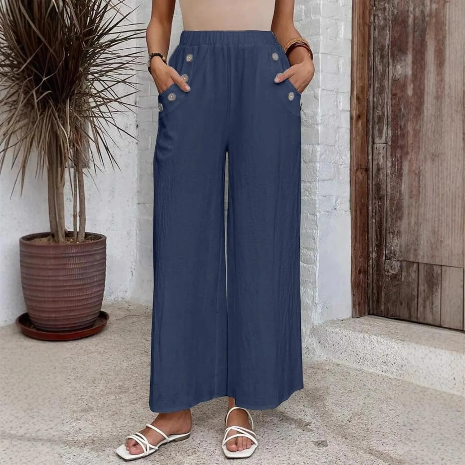 Womens Cotton Linen Wide Leg Palazzo Pants Elastic High Waist Summer Casual Flowy Beach Trousers Bottom with Pockets