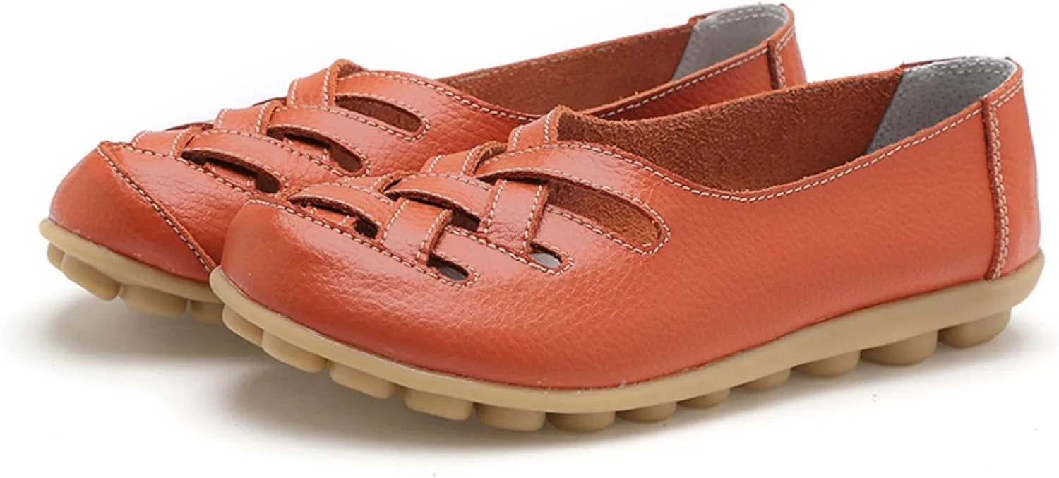 Women's Cowhide Leather Loafers Flat Sandals Comfort Walking Casual Flat Loafer, Classic Driving Shoes Soft Round Toe Slip On Sandals Breathable Outdoor Walking Shoes