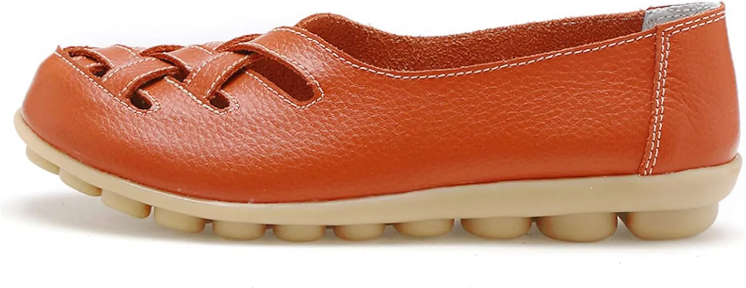 Women's Cowhide Leather Loafers Flat Sandals Comfort Walking Casual Flat Loafer, Classic Driving Shoes Soft Round Toe Slip On Sandals Breathable Outdoor Walking Shoes