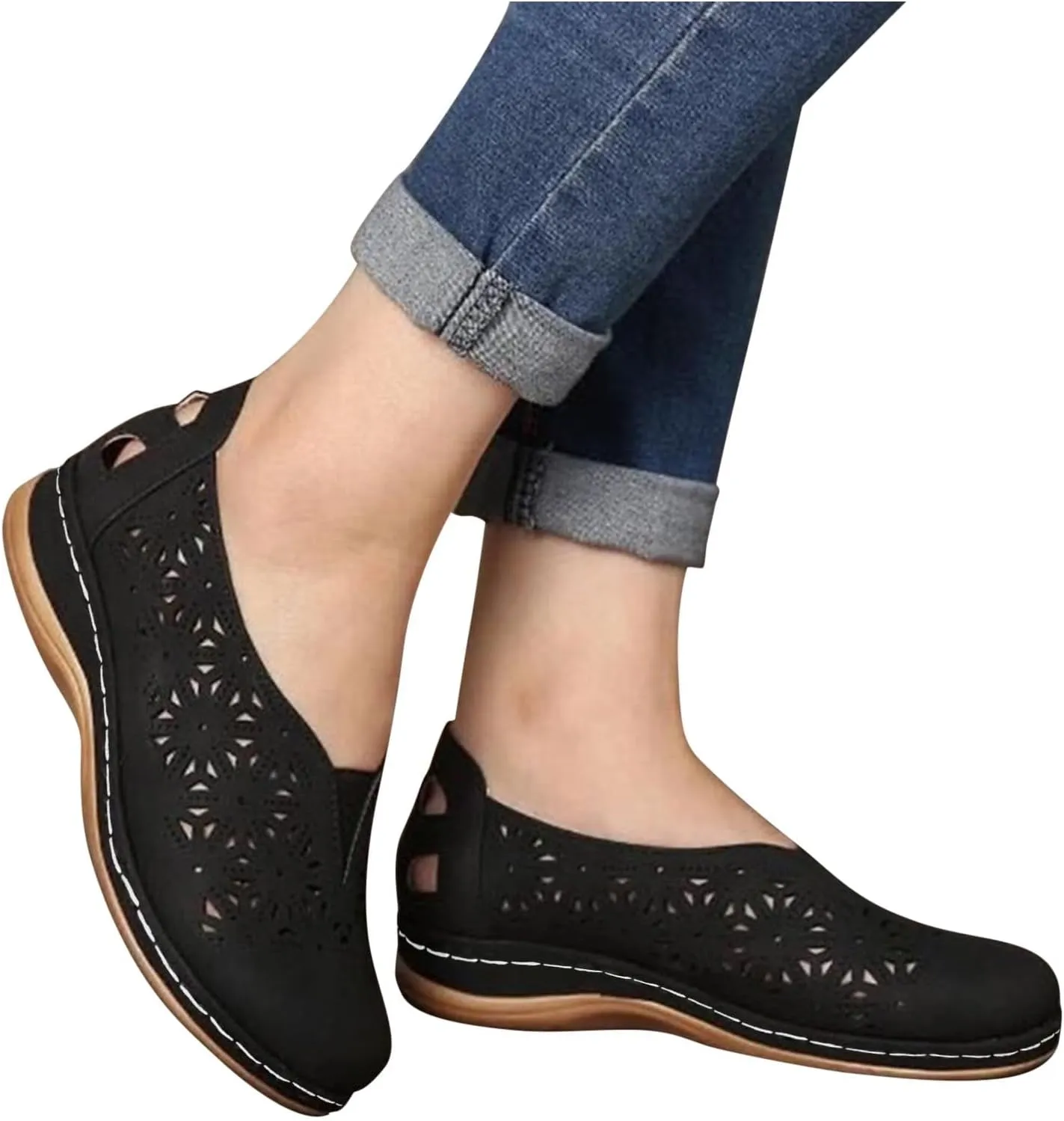 Womens Flat Sandals Slip on Platform Wedge Sandals Hollow Out Breathable Loafers, Wide Closed Toe Flat Wedges Non-Slip Orthopedic Shoes Beach Outdoor Walking Slippers