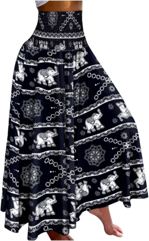 Womens Flowy Palazzo Pants Floral Print Loose Vintage High Waisted Retro Wide Leg Pants Casual Elastic Waist Trousers