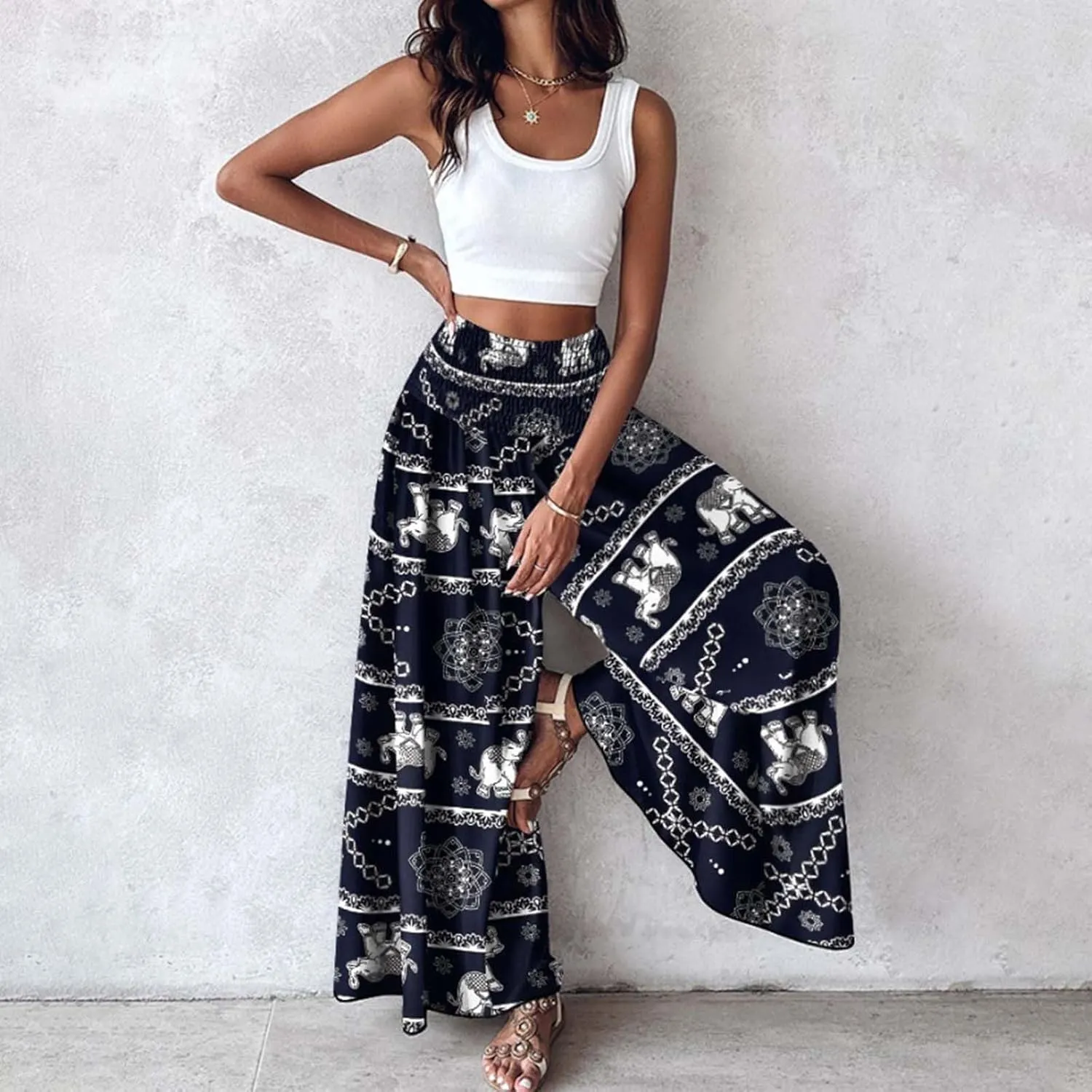 Womens Flowy Palazzo Pants Floral Print Loose Vintage High Waisted Retro Wide Leg Pants Casual Elastic Waist Trousers