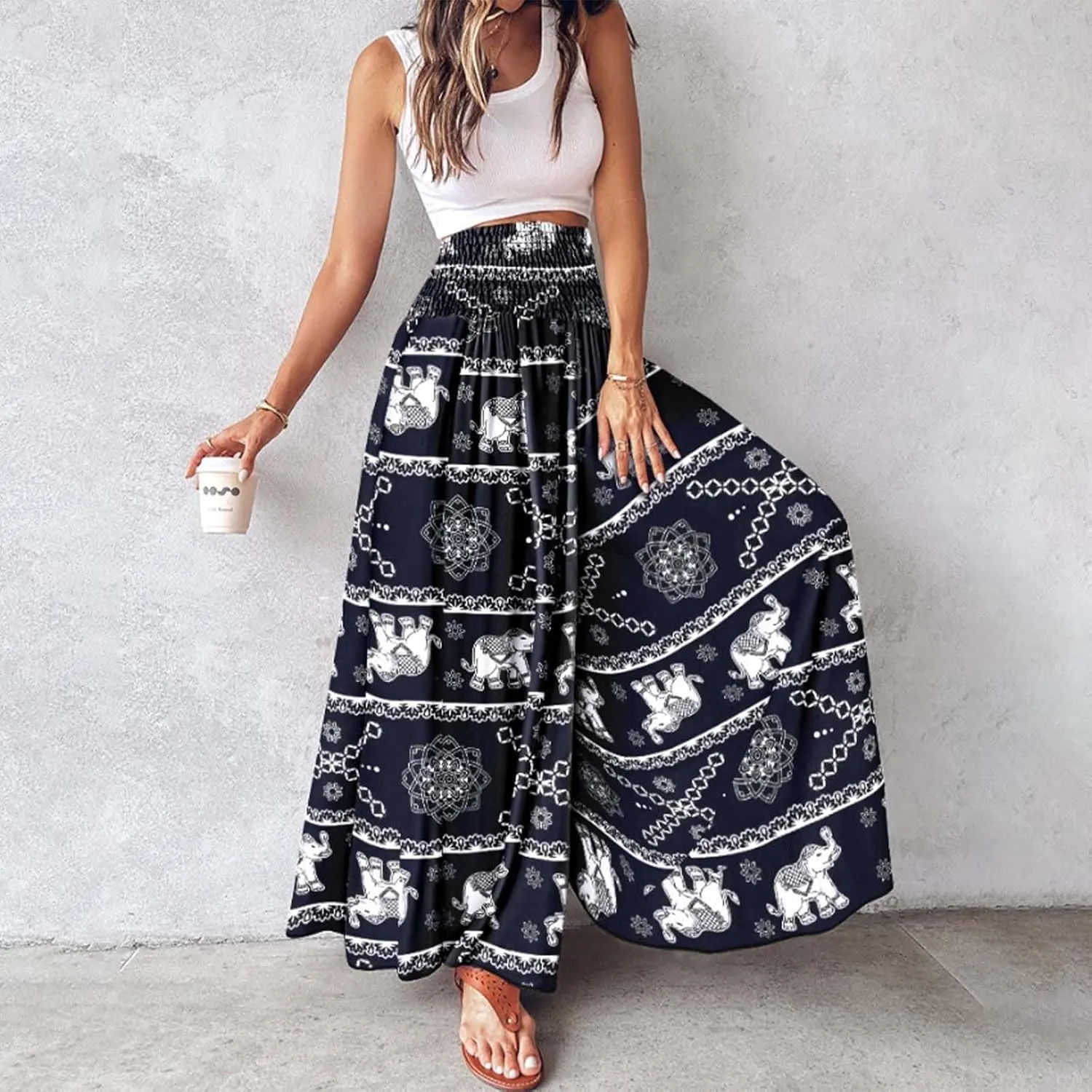 Womens Flowy Palazzo Pants Floral Print Loose Vintage High Waisted Retro Wide Leg Pants Casual Elastic Waist Trousers