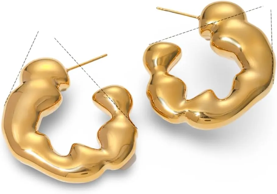 Women's Gold-Plated Stainless Steel Sculptural C-Hoop Stud Earrings, Irregular Organic Cloud Design