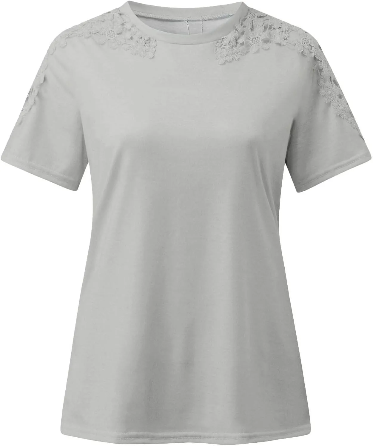 Womens Lace Stitching Short Sleeve Crewneck T-shirts Simple Solid Color Tops Fashion Casual Shirt