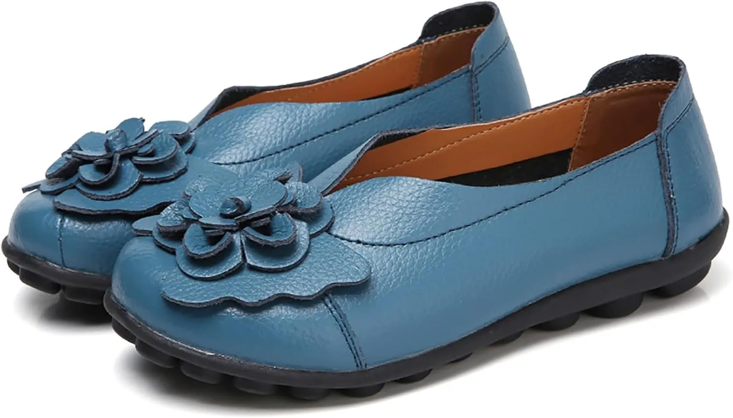 Womens Leather Loafers Flower Cowhide Flat Sandals Comfort Walking Casual Flat Loafer, Round Toe Soft Sole Slip On Sandals Breathable Indoor Outdoor Walking Shoes
