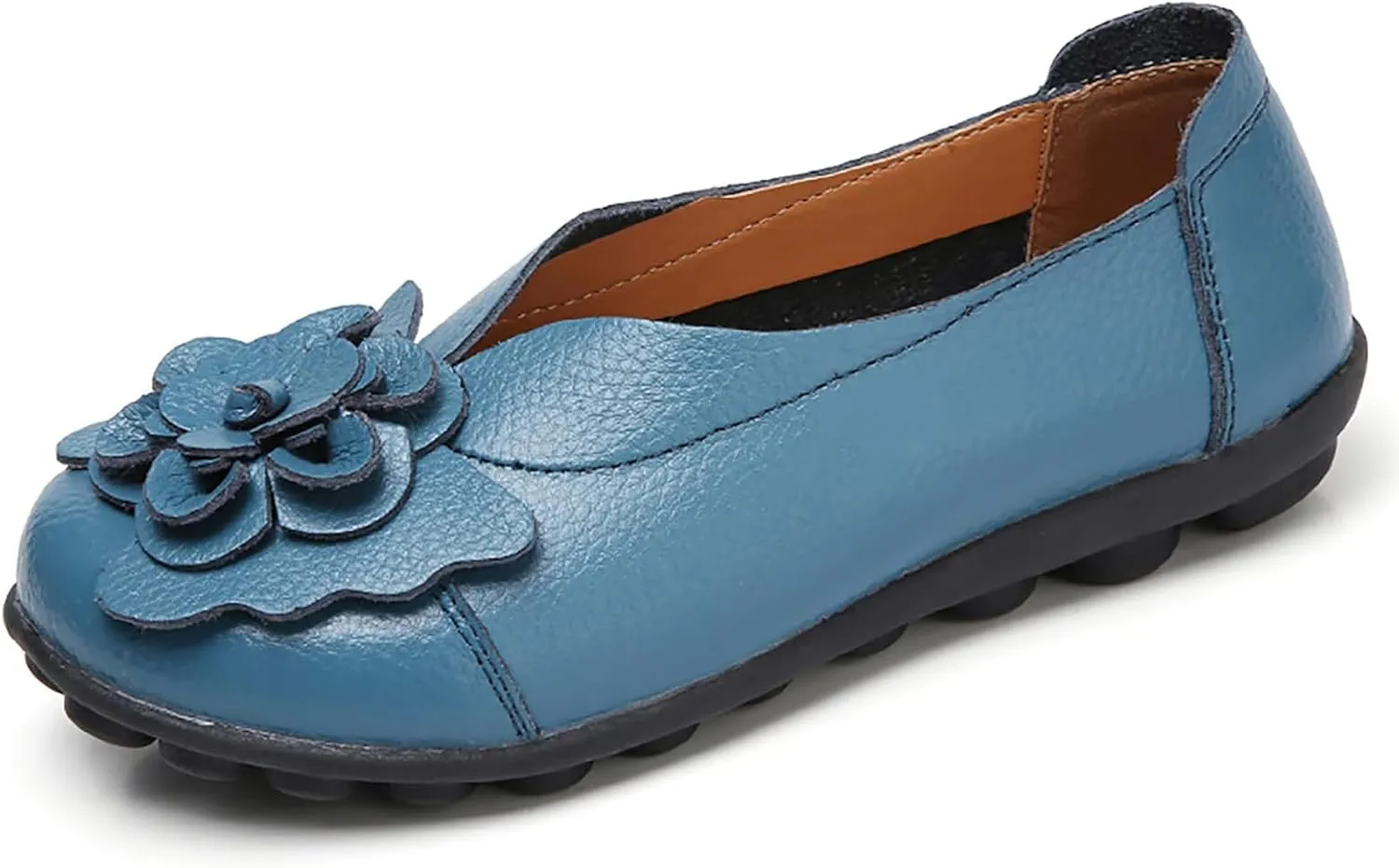 Womens Leather Loafers Flower Cowhide Flat Sandals Comfort Walking Casual Flat Loafer, Round Toe Soft Sole Slip On Sandals Breathable Indoor Outdoor Walking Shoes