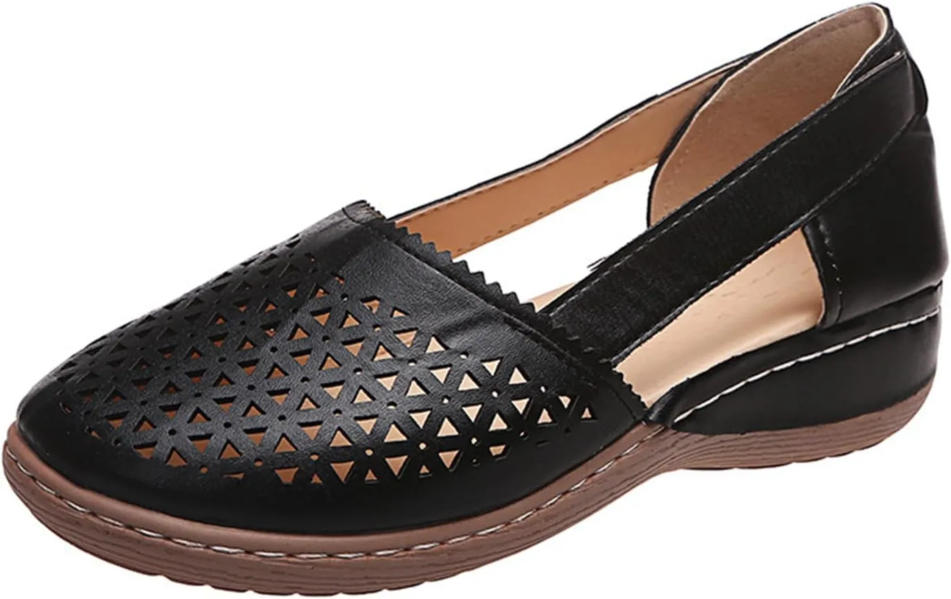 Womens Leather Sandals Comfortable Hollow Out Breathable Summer Flats Low Heel Travel Shoes Slip on Loafers Outdoor Walking Beach Sandals